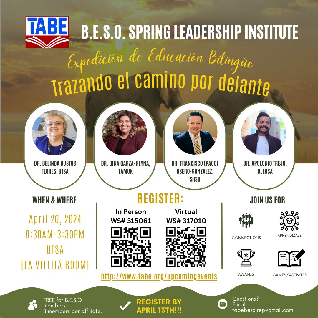 Attention all #BESO students! You're invited to the @TABEBESO Spring #Leadership Institute in San Antonio on 04/20! Develop your leadership skills, interact with peers, and create unforgettable experiences. You don't want to miss this FREE event! Visit: tabe.org/upcomingevents