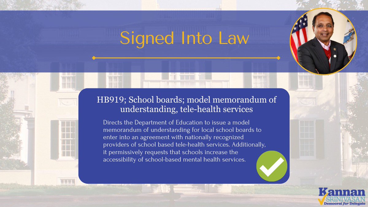 Happy to share that the Governor has signed my bill HB919, which will support expanding mental tele-health services to students across school districts in the Commonwealth.