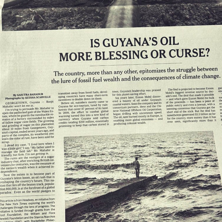 For fans of print, my piece on Guyana’s oil, which ran online a week ago, is the centerfold in today’s @nytimes. A 4-page spread with photos by the talented Keisha Scarville. With thanks to @vtitunik and @mthomps for their deft editing & devotion to the best story possible.