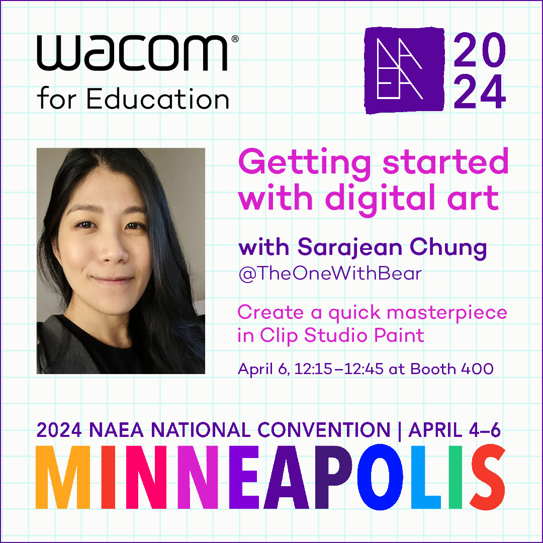 wacomedu's tweet image. Today's #NAEA24 line up 👉 Learn how to create a quick masterpiece in @clipstudiopaint with @TheOneWithBear. And, if you missed our very own Michele Dick on day 1, she'll be back with a presentation on free web-based creative tools that students can use! 🎨 @NAEA

#ArtEdTech