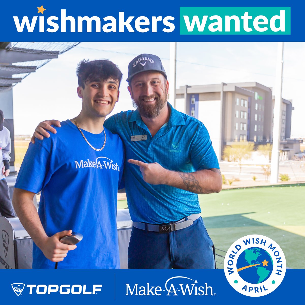 Swing into action with @Topgolf! 🏌️‍♂️ Simply donate at checkout to help grant life-changing wishes. Plus, for each purchase of injectable donut holes, Topgolf will donate $1 to Make-A-Wish. Become a WishMaker by visiting a local Topgolf today. ⛳️💙 #WorldWishMonth #WishMakersWanted