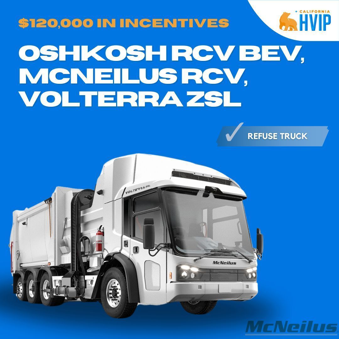 CaliforniaHVIP's tweet photo. Power up your #fleet with the @McNeilusRefuse Oshkosh RCV #ElectricTruck, McNeilus RCV, Volterra ZSL.

Check out this #HVIPeligible vehicle &amp; more and find out how YOU can receive up to $120,000 in #incentives to buy this refuse #truck.⚡🚌 https://t.co/nkN7nFOby9 https://t.co/P9whWcpLIy