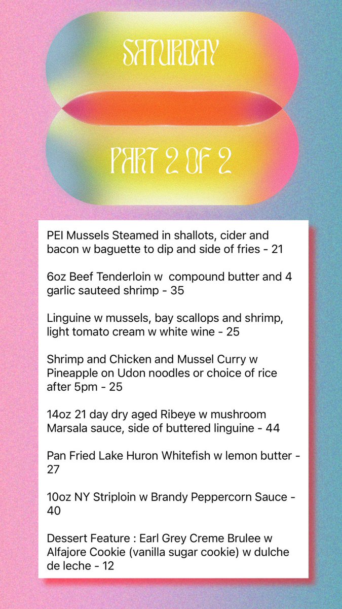 🌟𝐒𝐀𝐓𝐔𝐑𝐃𝐀𝐘 𝐅𝐄𝐀𝐓𝐔𝐑𝐄𝐒🌟

🕛 Open from 12pm - 12am
🛍️ Takeout Available All Day
🚙 Limited Delivery @ 5pm
⏰ Times not Guaranteed

𝙁𝙐𝙇𝙇 𝙈𝙀𝙉𝙐: bit.ly/3uVLb5H

📲 Order by phone
      519-832-2041