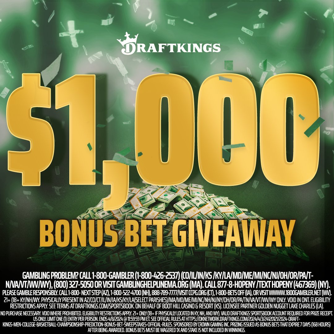 🚨MEN'S TOURNEY GIVEAWAY🚨 To enter, simply: 1. Follow @DKSportsbook 2. Retweet this tweet 3. Comment your prediction of which team will win the men's college basketball tournament 4 WINNERS | $1,000 BONUS BET RULES: dknetwork.draftkings.com/2024/4/3/24120…