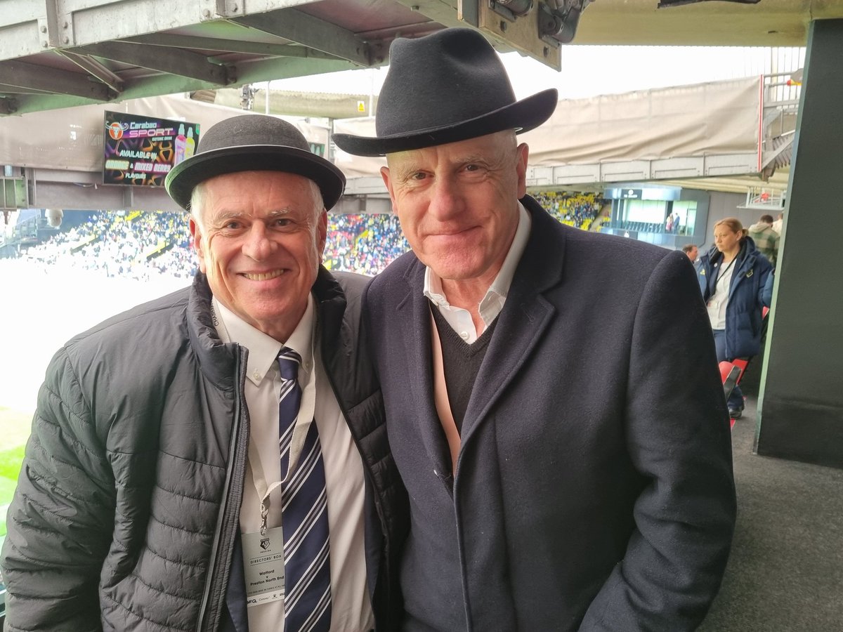 2,000 bowler hatted North End fans here at Vicarage Rd on @pnefc gentry day including Peter Ridsdale and myself! (OK! Not strictly a bowler hat).