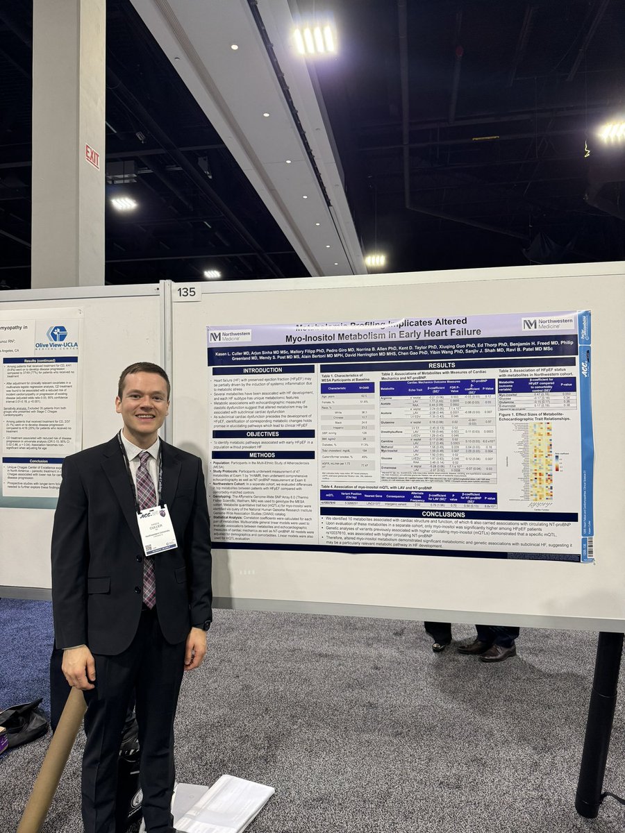 On Day 1 at #ACC24, Northwestern Medicine Bluhm Cardiovascular Institute resident, Kasen Culler, MD (@CullerKasen), presents his poster on the effect of #MetabolomicProfiling on #MyoInositol #metabolism in early #HeartFailure.