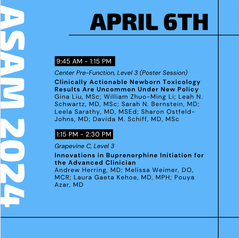 (1/2) Another packed day at #ASAM2024 ahead! Learn more from @sostfeldjohns & team about implications of newborn toxicology screening policies by stopping by the poster session on your way to hear from @DrMelissaWeimer, & colleagues about innovations in buprenorphine initiation.