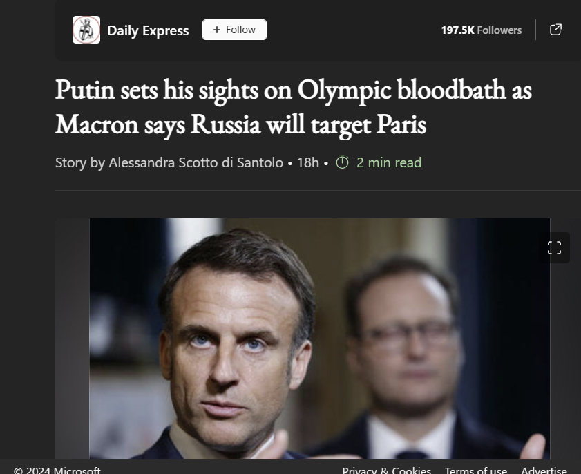 seaurch25465826's tweet image. #FalseFlagAlert
Are the Ml6/ClA fuckwads going to "bl00dbath" Olympic Games spectators to be able to blame it on Russia? 
"MicrosoftNews" is laying the brainwash groundwork👇👇👇
@HotelLubyanka @KathyConWom @JoeBlob20 @JMCDelingpole @DoodlesTrks @vjeannek @ScottAdamsSays