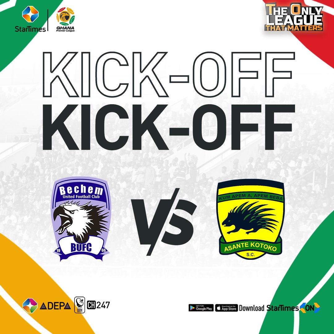 startimesghana's tweet photo. 𝗞𝗜𝗖𝗞 𝗢𝗙𝗙!

Bechem United 🆚 Asante Kotoko

Showing live now on ST Adepa Ch. 247 &amp; StarTimes ON App 📲 https://t.co/DYXp74fldk

#GPL #StarTimes #Ghana #GPLonStarTimes #GPLwk24 #Bechem #BechemUnited #AKSC #Kotoko https://t.co/HHONTEaTUw