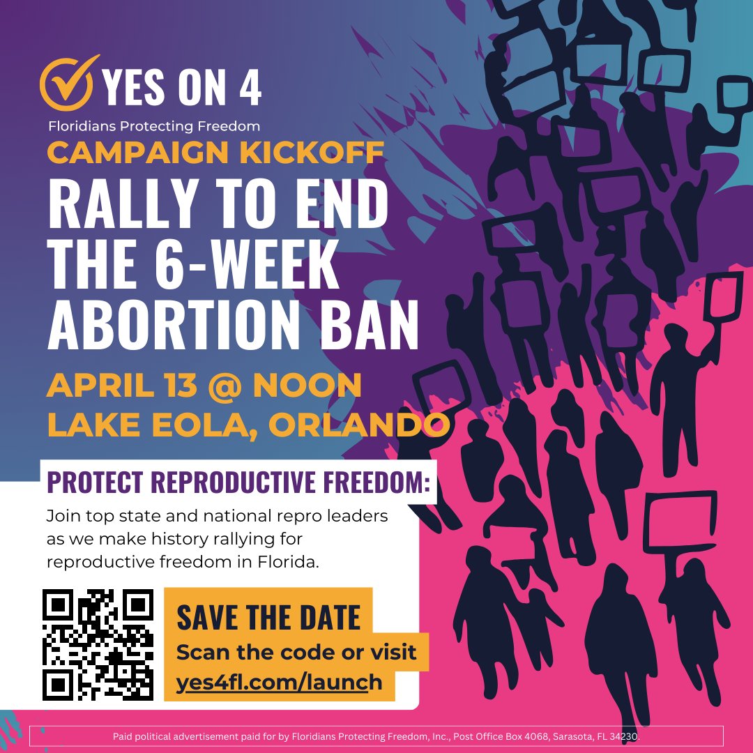 NEXT WEEK: Join us at Lake Eola Park in Orlando on April 13 at 12pm for the Yes on 4 campaign launch. Join us: ow.ly/6vXm50R6T5W @yes4florida Paid political advertisement provided in-kind by Equality Florida Action, Inc. P.O. Box 13184, St. Petersburg, FL 33733.