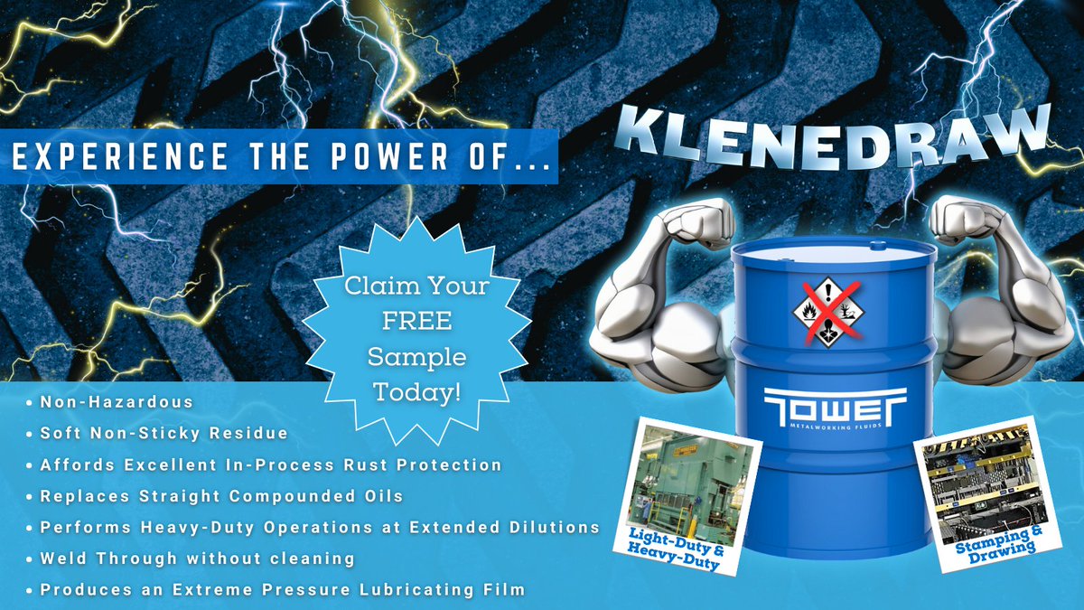Tower's KLENEDRAW delivers top-notch performance and offers specific formulations that even provide excellent performance on most aluminum!

Claim Your FREE SAMPLE Today: towermwf.com/store/klenedra…

#TowerMWF #KLENEDRAW #StampingFluids #StamptingandDrawing #MetalworkingFluids