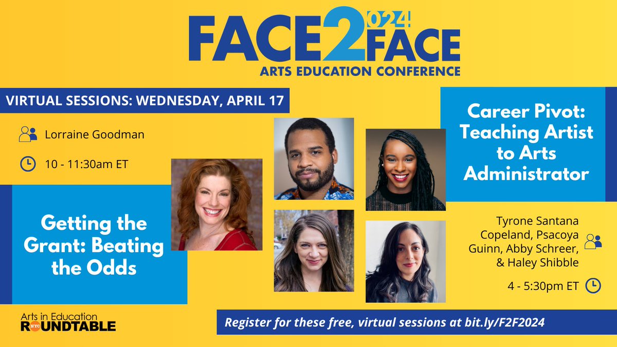 Our third day of virtual #F2F2024 will feature a workshop and panel! Join Lorraine Goodman, @WestrickMusic & #ArtsEd admins from @RoundaboutNYC, @TechKidsU, @NYTW79, and @NYTransitMuseum. All virtual offerings are being offered at no charge! Learn more at bit.ly/F2F2024.