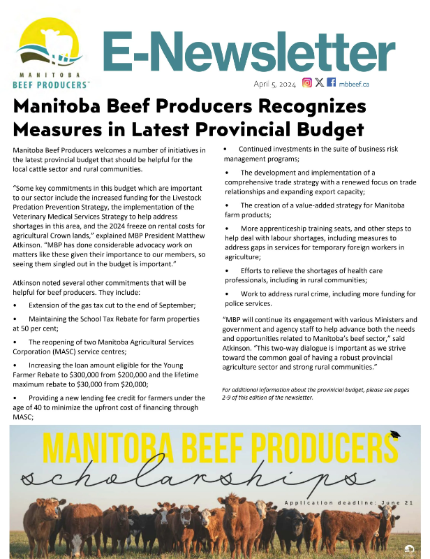 Good morning!

We have coverage of this week's provincial budget - including reaction from MBP - plus updates about the NEXUS program for Canada/US border crossings, and another year of guaranteed financial return for CRSB Certified beef producers.

▶️issuu.com/manitobabeefpr…