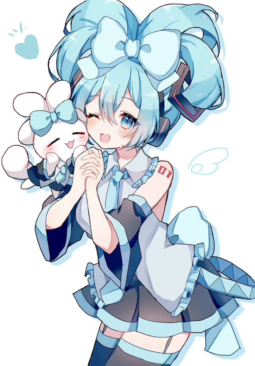 cinnamoroll ,hatsune miku 1girl looking at viewer blush smile open mouth blue eyes simple background  illustration images