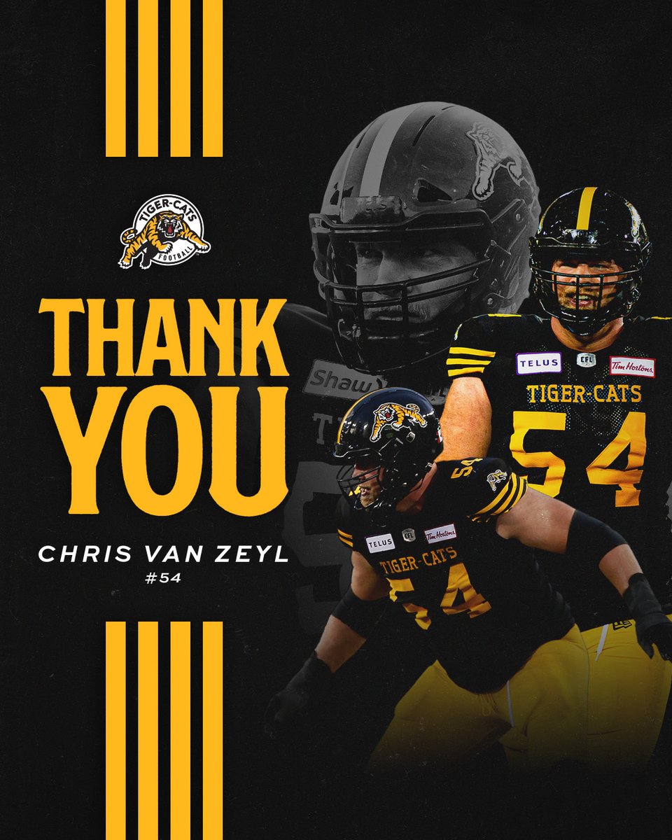 After 15 seasons in the Canadian Football League, three-time <a href="/CFL/">CFL</a> All-Star offensive lineman Chris Van Zeyl has announced his retirement from professional football.

Thank you for everything, Chris 🖤💛

🗞️ | bit.ly/4af7jMd

#HamiltonProud | <a href="/CVZ54/">Chris Van Zeyl</a>