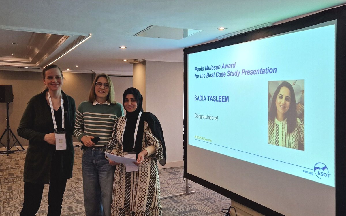 Congratulations Sadia Tasleem on being awarded the 𝗣𝗮𝗼𝗹𝗼 𝗠𝘂𝗶𝗲𝘀𝗮𝗻 𝗔𝘄𝗮𝗿𝗱 for the Best Case Study Presentation! 🏆 Looking forward to meeting you in London for the #ESOTcongress 2025! @hessheimer #HESPERIScourse #ESOTeducation #ESOTmoments #PoweredByESOT