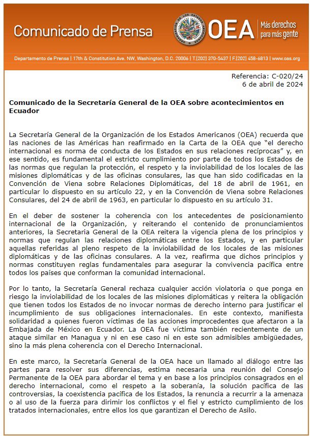 Comunicado de la Secretaría General de la OEA sobre acontecimientos en Ecuador

oas.org/es/centro_noti…