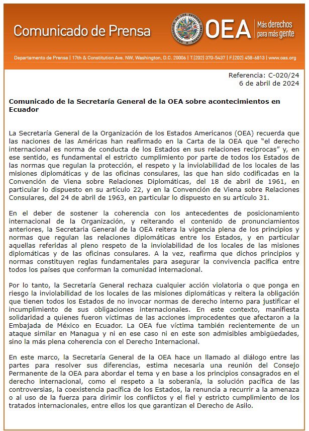 Comunicado de la Secretaría General de la OEA sobre acontecimientos en Ecuador oas.org/es/centro_noti…