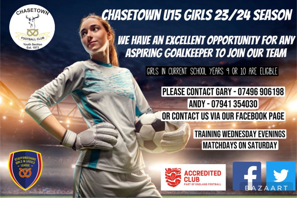 📣 Player Opportunities 📣

#girlsfootball
 #southStaffordshire
#playerRecruitment 
#goalkeeper