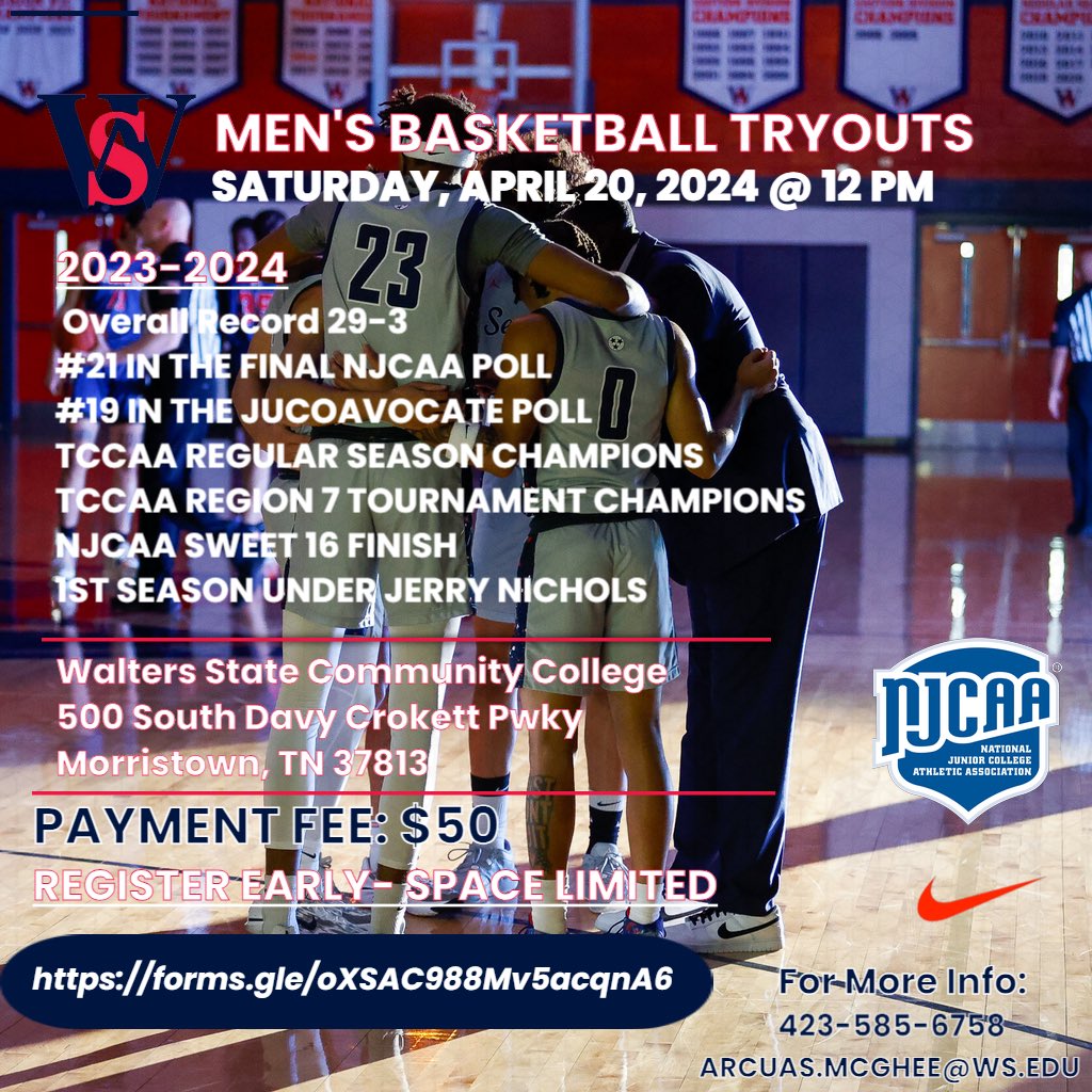 Want to play at ☝🏽of the Top Juco programs❓@CoachNicholsj is having a tryout opportunity for all unsigned seniors/transfers. 

SIGN-UP TODAY

forms.gle/oXSAC988Mv5acq…

SCHOLARSHIP/WALK-ON OPPORTUNITY AVAILABLE 

🗓️ Sat, April 20th
📍WSCC - 500 S. Davy Crockett. 37813
Cost: $50