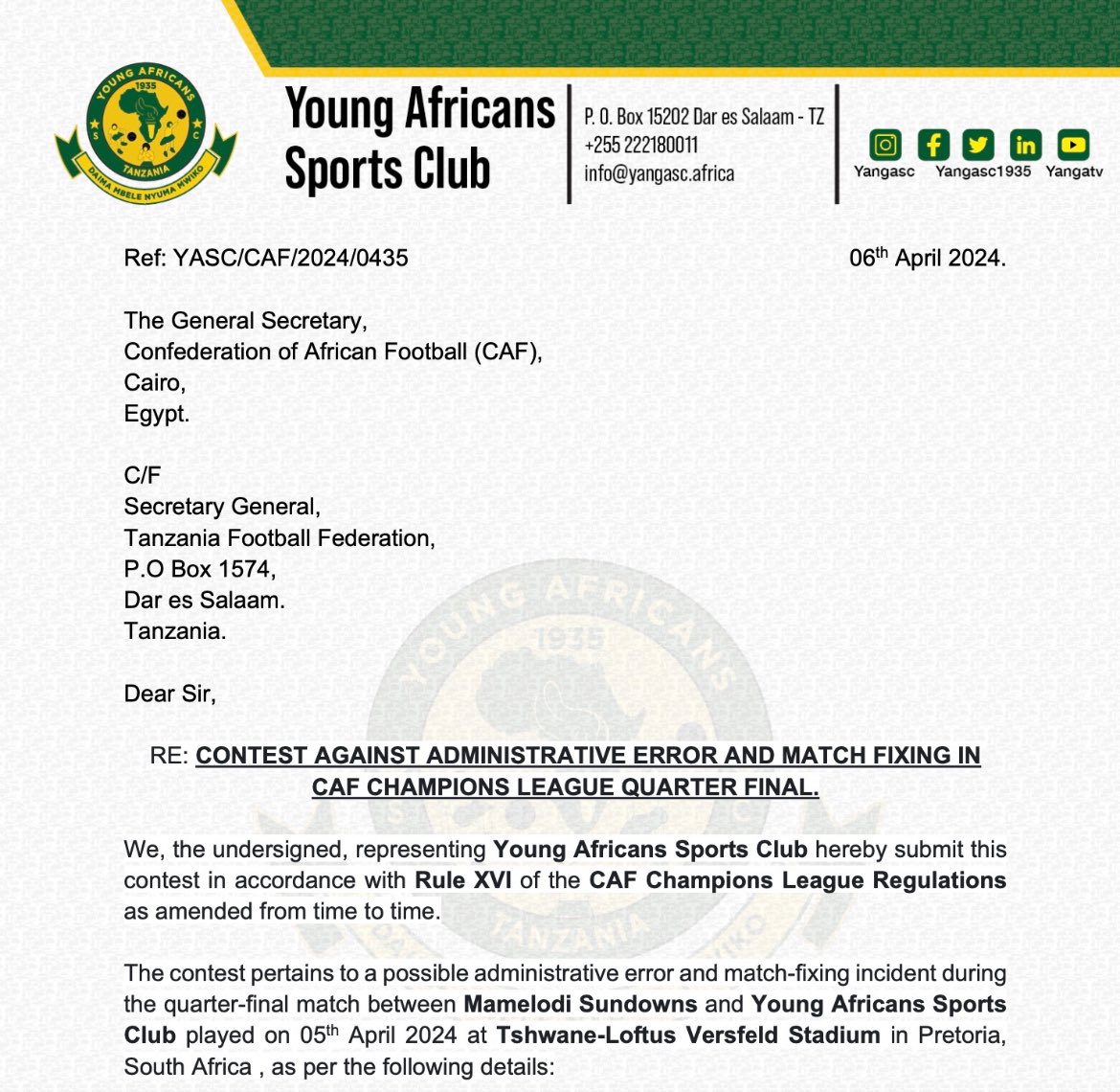 JUSTIFIED | In an emotionally charged letter, the Young Africans Sports Club have lodged a case of match-fixing against Mamelodi Sundowns, a team owned by Patrice Motsepe, to CAF led by Patrice Motsepe.