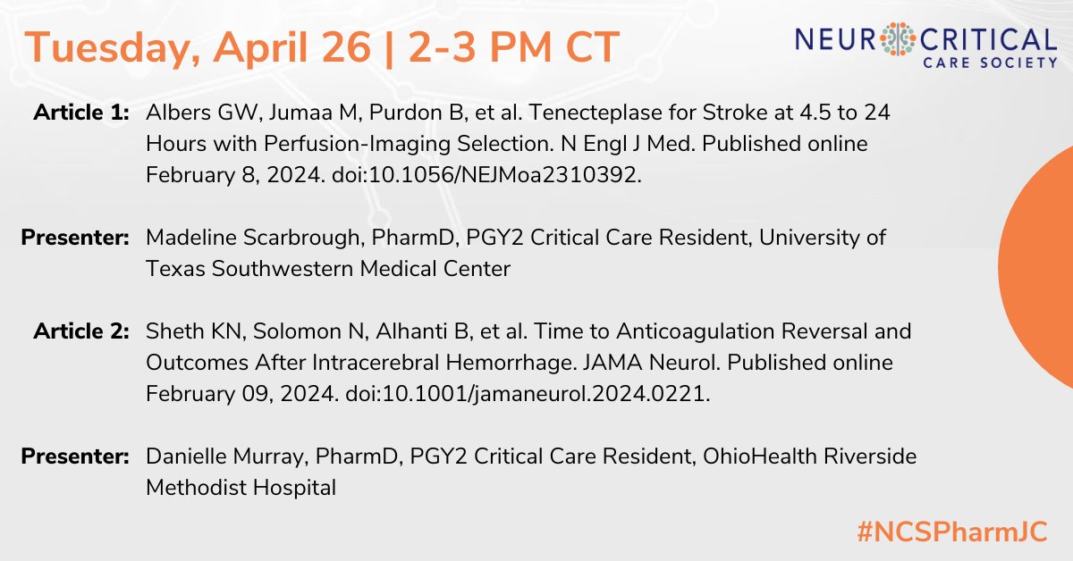 Join the NCS Pharmacy Section for #NCSPharmJC on April 26! Catch up on the latest findings and join the discussion with colleagues. Log in to your NCS account to access the articles and Zoom link: ow.ly/vYg950R9PQj @karenccrx @colleen_barthol @CaseyMayPharmD