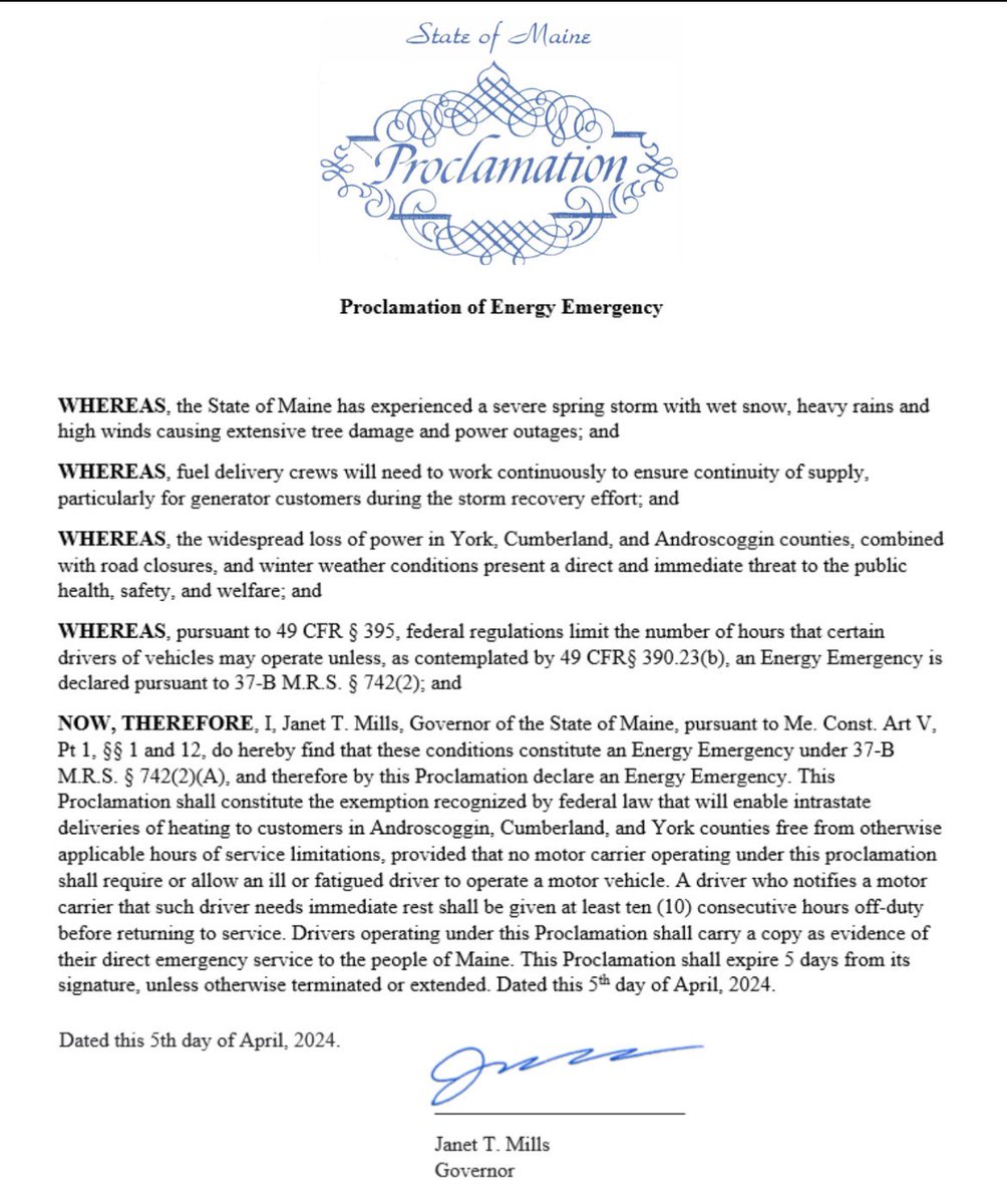 Last night I signed a proclamation allowing fuel delivery trucks to stay on the road longer to ensure Maine people have access to heating fuel as we recover from this week’s severe storm.