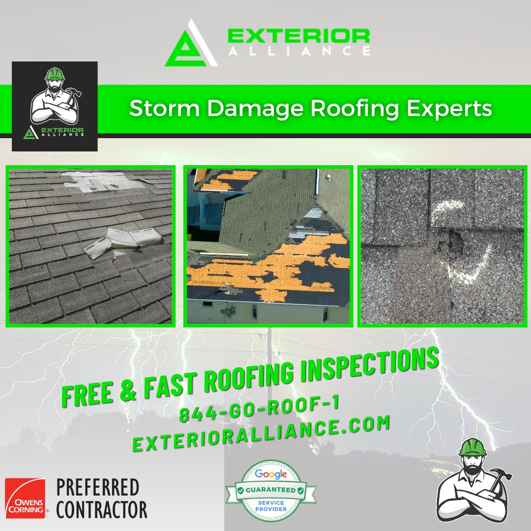 ExteriorAliance's tweet photo. Storm damage? No problem! ⛈️💪 At Exterior Alliance, we're the experts in restoring roofs to their former glory. Don't let storm damage put your home at risk any longer. Take advantage of our FREE &amp; FAST roofing inspections and get back to safety and comfort in no time. https://t.co/lAl2THuLQo
