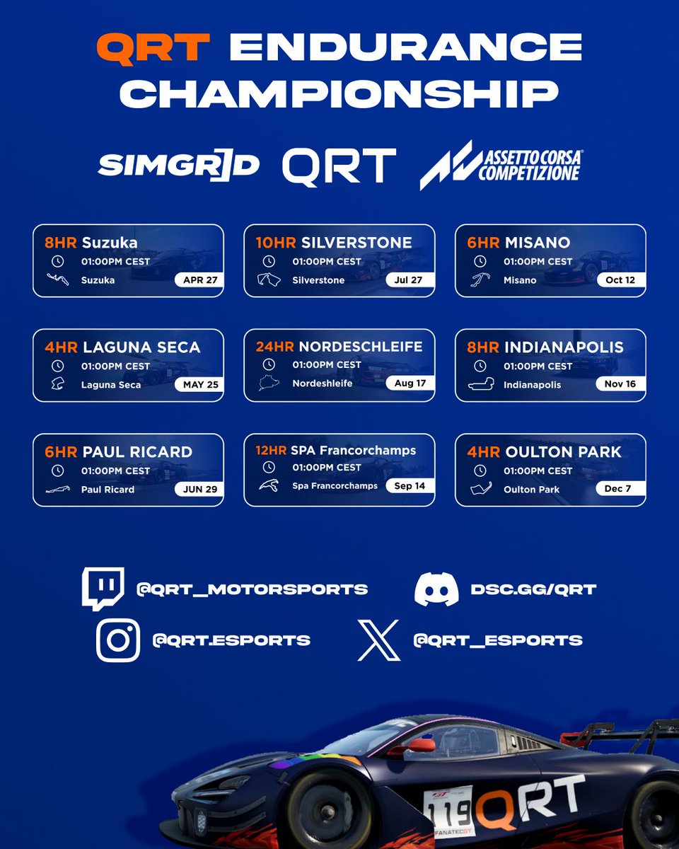 IT'S HERE! Through community feedback you asked for an Endurance Series you can trust, so here it is! QRT Endurance Championship 2024. You can sign up over on @Sim_Grid now! 

- Live Stewarding and Broadcasting. 
Sign Up 🔗 - buff.ly/49qgLLw 

#BeACC #ACC