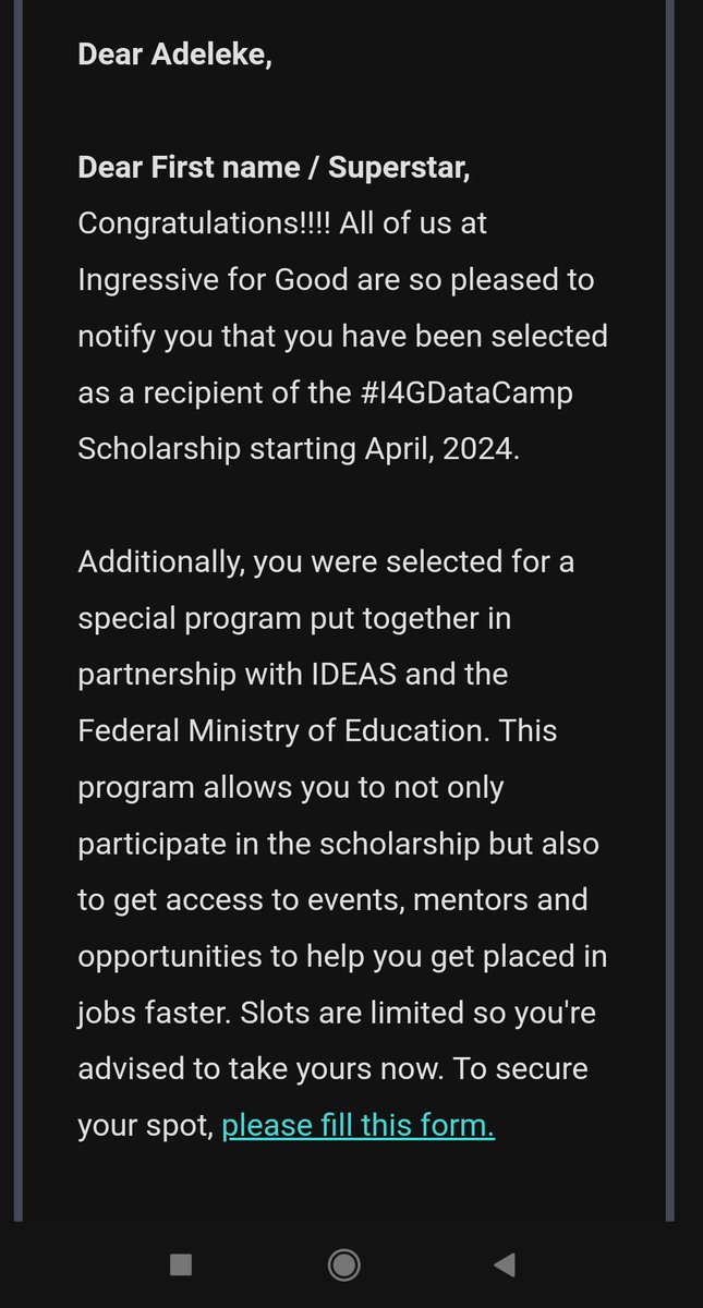 ADELEKE47's tweet photo. I am  excited  that I have been selected as a beneficiary of the #I4GDataCampScholarship by @ingressive4Good and @datacampdonates
This scholarship will help me learn and build a career 
If you want to become a beneficiary, join the Ingressive for good - https://t.co/IK5WF4J7Wh https://t.co/Udphd1eJ9Z