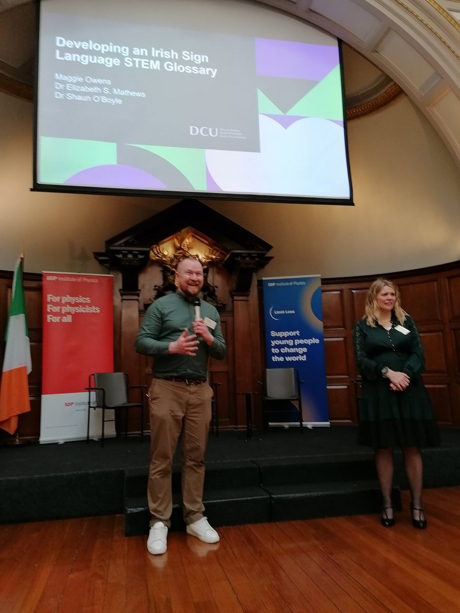 Dr @shaunoboyle and and Maggie Owens talking about the work of the DCU Irish Sign Language STEM glossary project founded by Dr Elizabeth Mathews (@DeafEdIreland). The IOP through the Walton Fund is proud to have been able to support this inclusion work. #IOPIre60