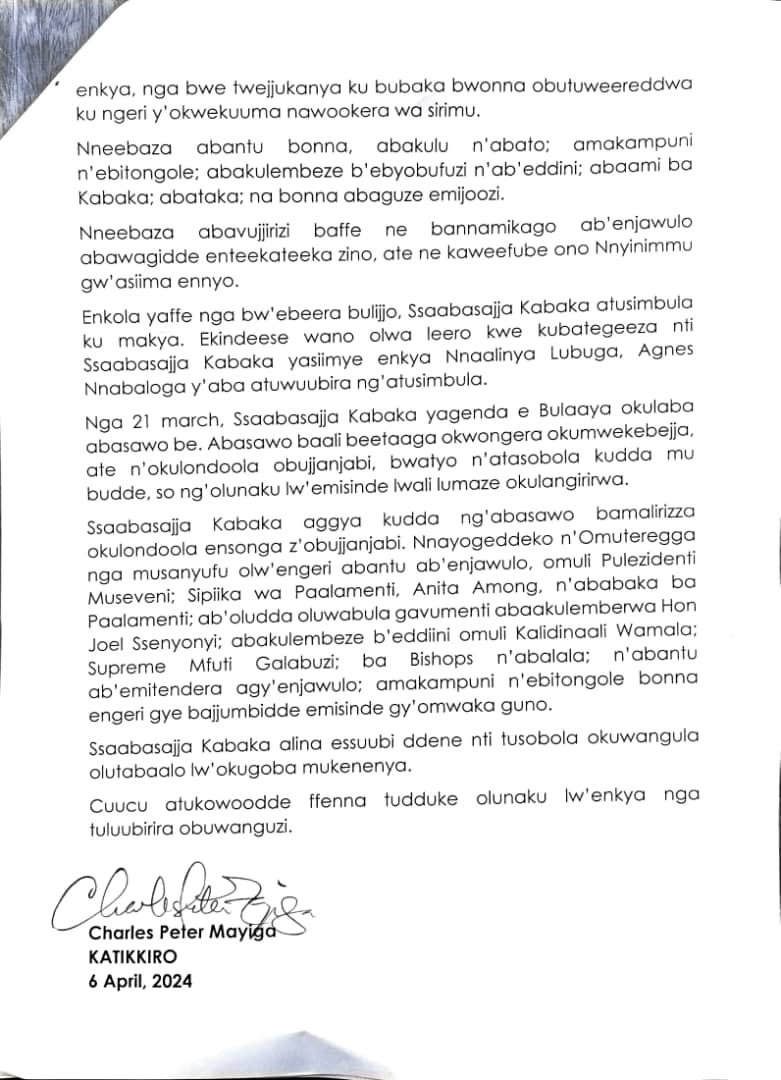 Nga 21 March, Ssaabasajja Kabaka yagenda e Bulaaya okulaba abasawo be. Abasawo baali beetaga okwongera okumwekebejja ate n'okulondoola obujjanjabi bwe. Beene yasiimye enkya Nnaalinya Lubuga Agnes Nnabaloga y'aba atuwuubira ng'atusimbula. #KabakaBirthdayRun2024