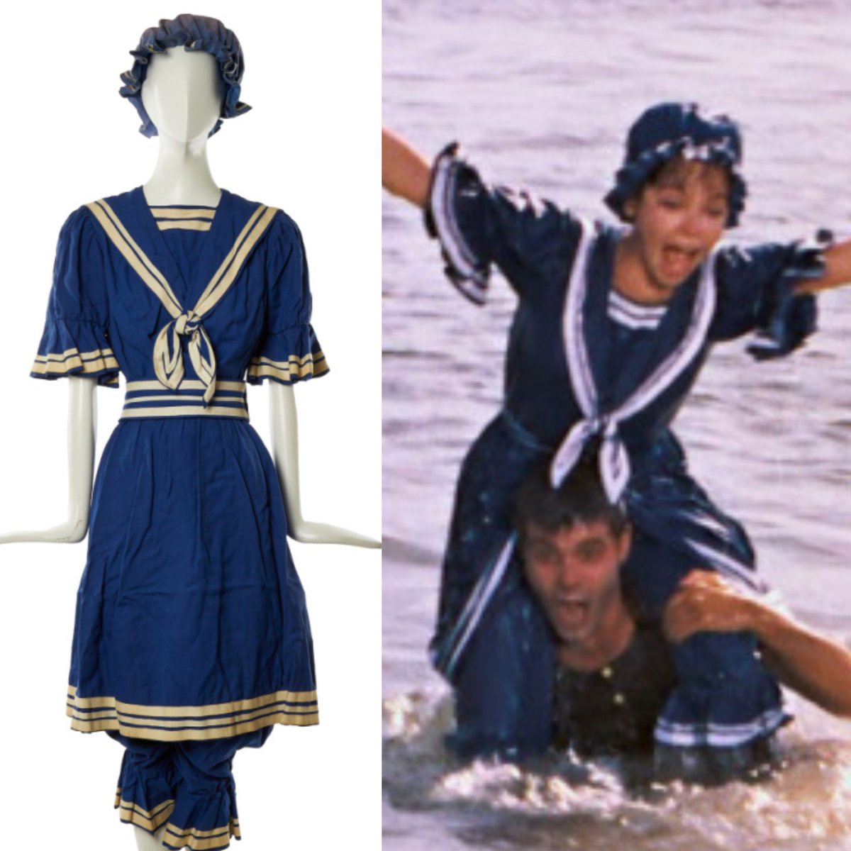 Cecil Beaton won the Best Costume Design Academy Award for Gigi at the Oscars #OnThisDay in 1959. He designed this blue and white cotton bathing ensemble, made by Barbara Karinska, for Leslie Caron as Gigi in the film. Sold by @JuliensAuctions. #film #costume #dress