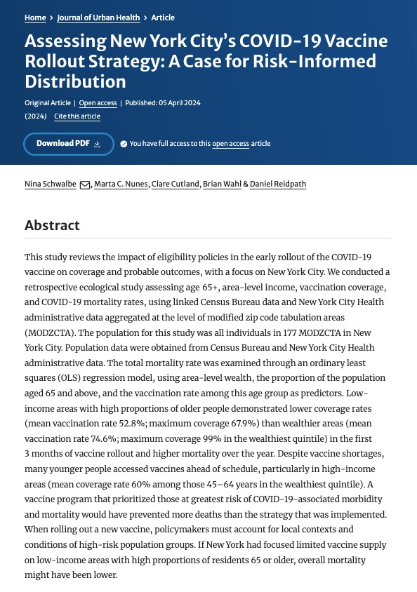 🚨New York’s COVID-19 vaccine strategy failed to prevent deaths among the most vulnerable. 💰Despite shortages, many younger people accessed vaccines ahead of schedule, particularly in high-income areas. 📈Our latest in the Journal of Urban Health bit.ly/COVIDZIP 🧵