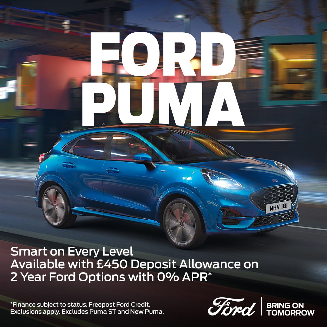 Ford Puma. Smart on every level. Available with £450 Deposit Allowance on 2 year Ford Options with 0% APR† †Finance subject to status Freepost Ford Credit. Exclusions apply. Excludes Puma ST and New Puma. Contact us to find out more📞