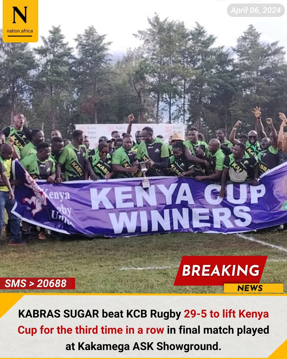 KABRAS SUGAR beat KCB Rugby 29-5 to lift Kenya Cup for the third tim e in a row in final match played at Kakamega ASK Showground.