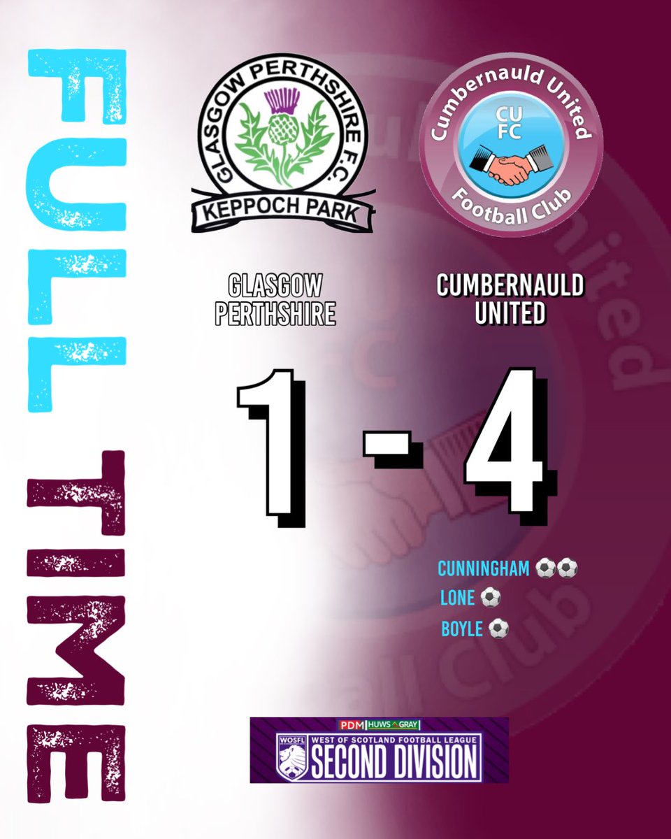 FULL TIME

Glasgow Perthshire - 1
Cumbernauld United- 4

3pts ☑️ 

#monthenauld