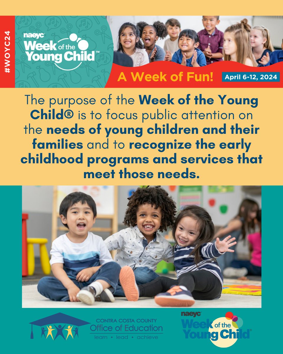 🎉👧👦 Celebrate Week of the Young Child! 📣Shout out to all of the Contra Costa County partners, teachers, administrators, staff, & nonprofits that focus on early childhood programs. 
🌟📚 #WeekOfTheYoungChild
Resources: naeyc.org/events/woyc
