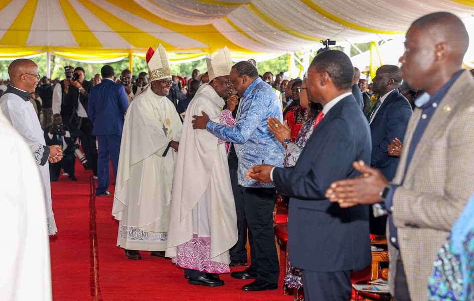 President(Rtd) H.E. Uhuru Kenyatta during the Episcopal Ordination of the auxiliary Bishops-elect Simon Peter Kamomoe and Wallace Ng'ang'a Gachihi at St. Mary's Msongari grounds in Nairobi County earlier today.
