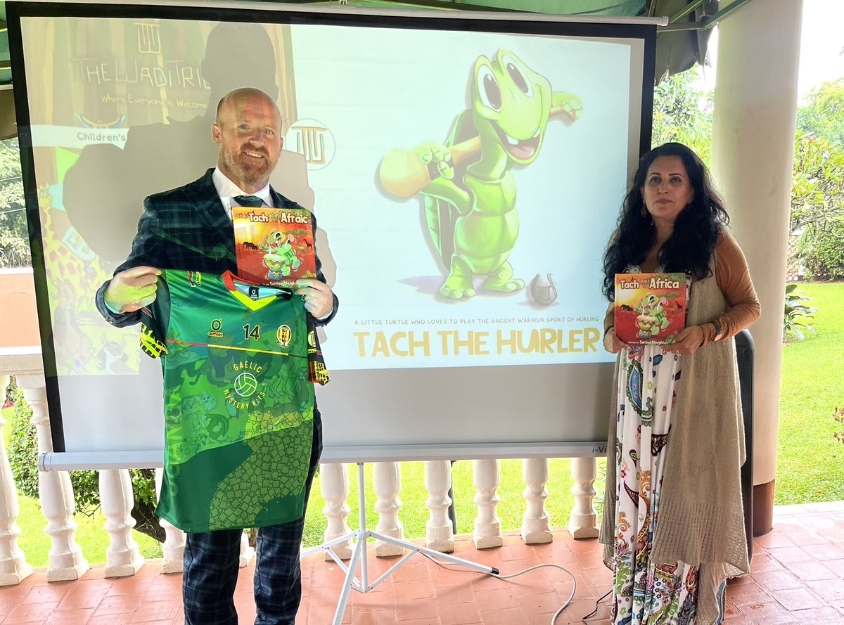 What a lovely launch in @IrlEmbUganda residence of an enchanting book “Tach goes to Africa” by @saniyachughtai in collaboration with @EquatorGaelsGAA. It tells the story of hurling mad Tach the Turtle & aims to support Ugandan kids in their general development through GAA.