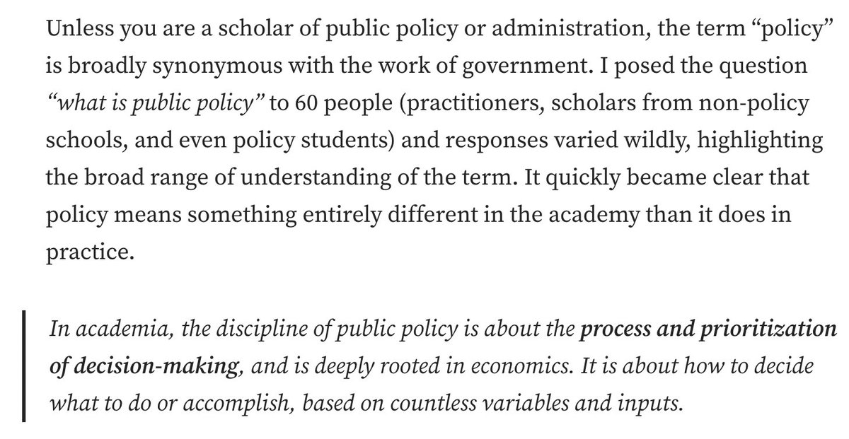 Great piece on public policy vs. public administration programs: 'As calls for capacity-building at all levels of government surge, we need to be clear-eyed about what policy schools actually are — and are not.' medium.com/@EmilyTav/on-p…
