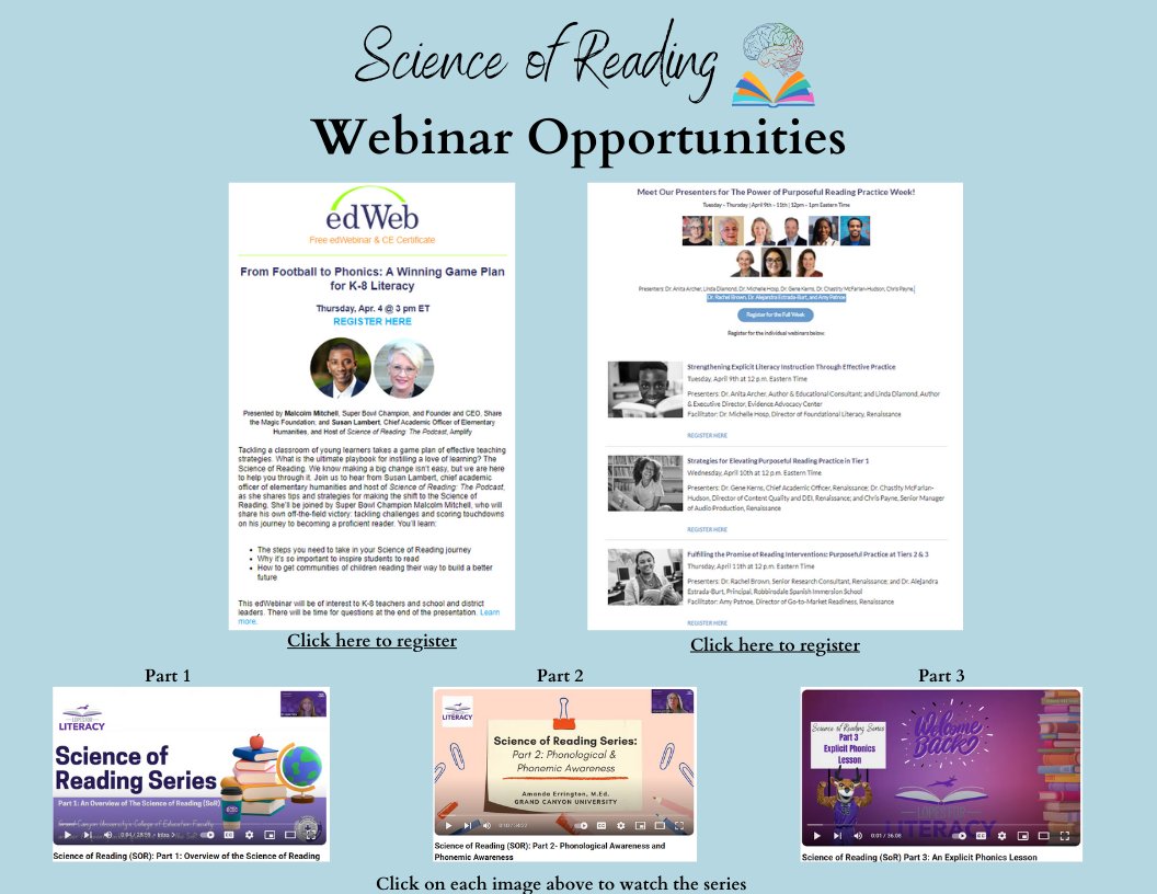 ✨SoR Webinar Opportunities✨ Build your Prof. Development! Watch effective, research-based practices in 🎬, listen to skilled practitioners, and ACCELERATE your learning journey on your⌚ and your path. Visit HISD Reading Academies Curriculum PD site @ tinyurl.com/2vue4a9j