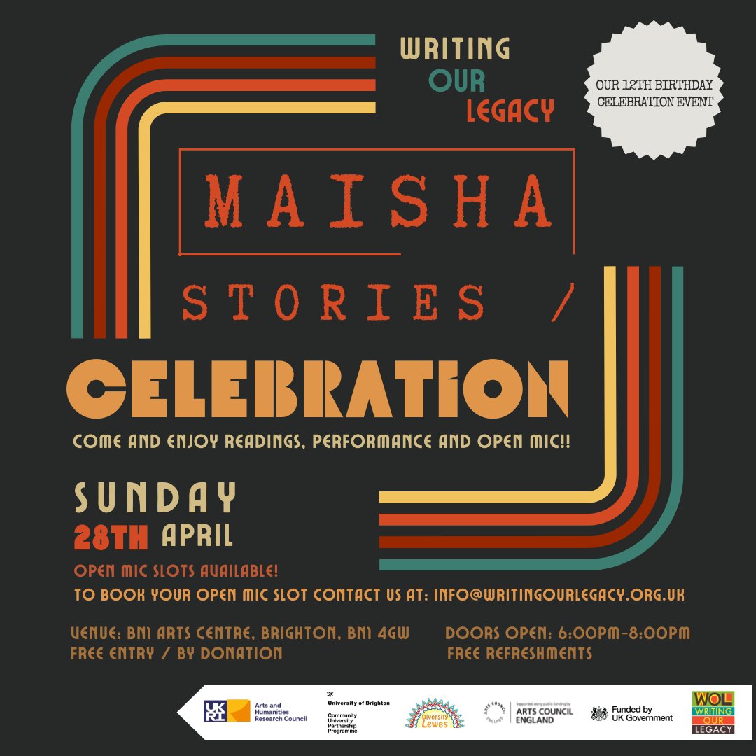 On Sunday the 28th April, from 6pm - 8pm,  we are celebrating the culmination of our project Maisha Stories: No Place Like Home and it’s also our 12th birthday! Come enjoy readings, performances and open mic! Book your free place (or by donation) eventbrite.co.uk/e/877918717517…