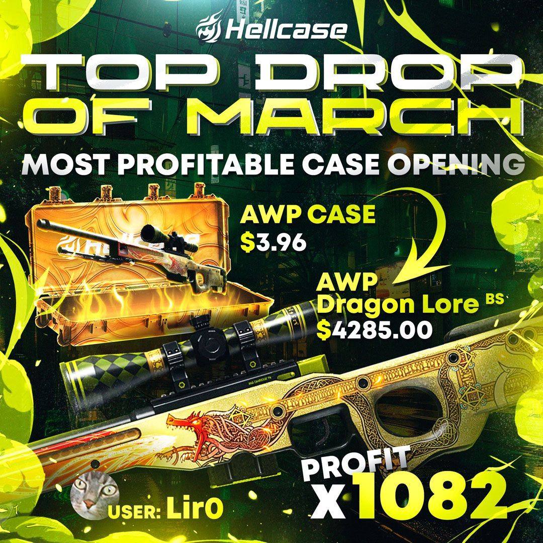 The TOP Drop section is on fire again, all because of this awesome AWP | Dragon Lore (Battle-Scarred) that Lir0 (hellcase.com/profile/123444…) unboxed from our AWP Case in March! Congratulations 😍 Open your favorite cases and become the leader of April! hellcase.com/open/awp