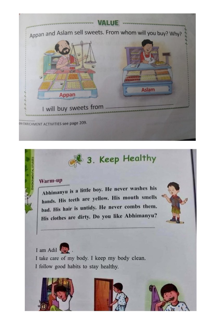 This is What Sickular #Kerala Govt is Teaching in their Schools The School Book Shows that, Appan's Shop is Dirty, While Aslam's Shop is Clean. Abhinanyu is Dirty Boy ,While Adil is Clean Bapu's Secularism and Appeasement is the Termite That is Destroying Our Nation