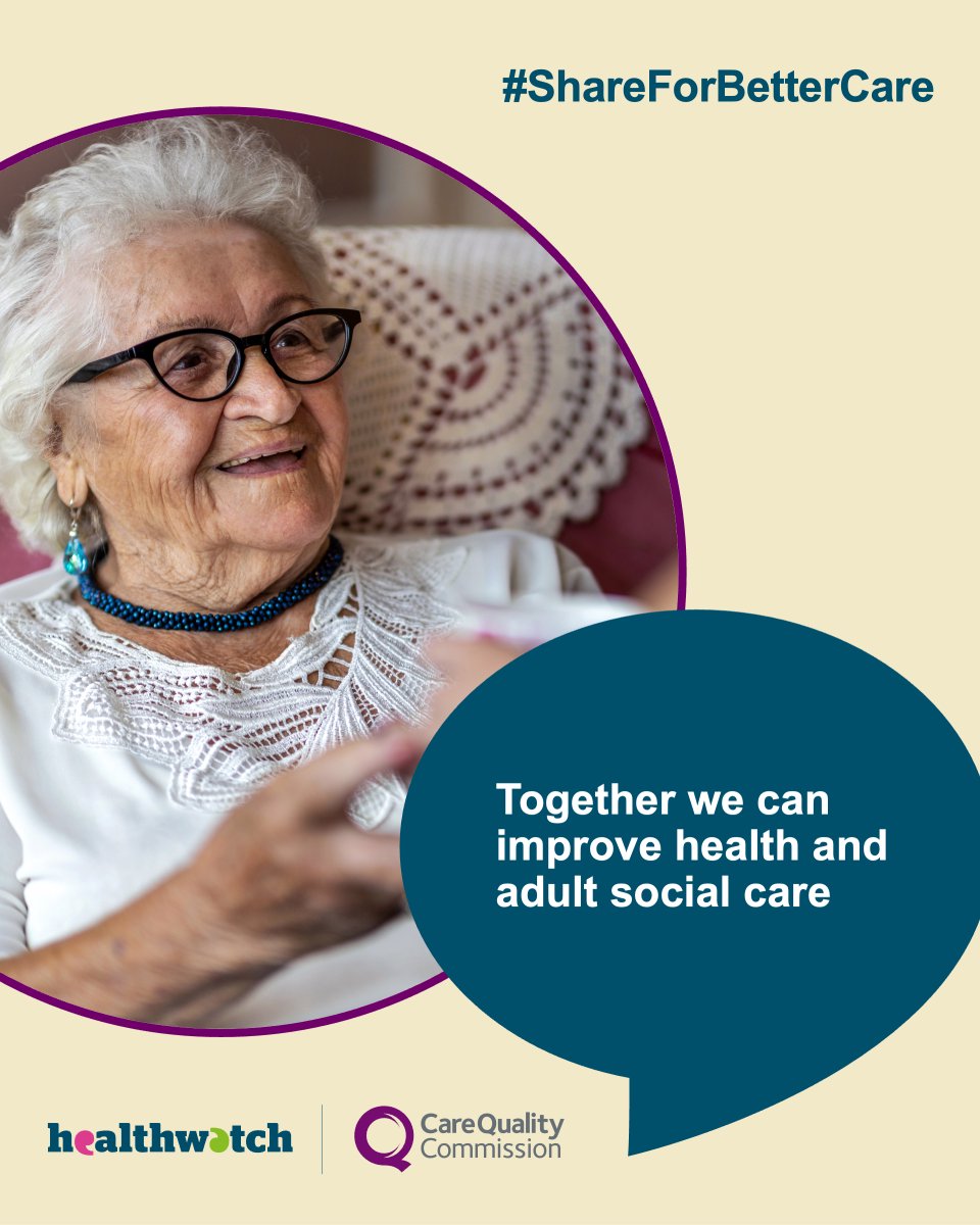 It’s important that people like you tell us about your experience of care.

By sharing, you’ll help us improve the overall quality of care in England. You’ll also help us prevent poor care and abuse happening to others in the future.

#ShareForBetterCare

orlo.uk/VKldx
