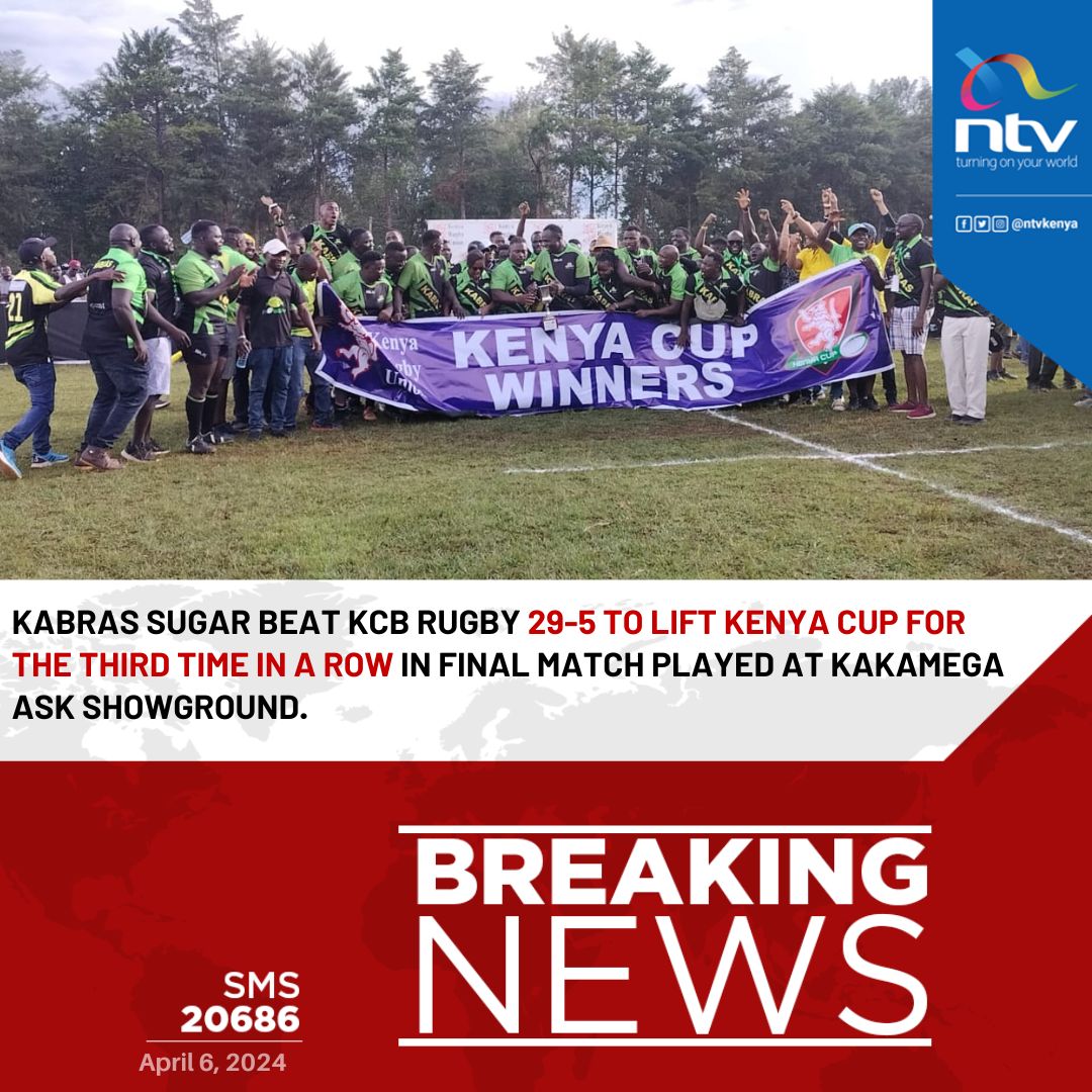 KABRAS SUGAR beat KCB Rugby 29-5 to lift Kenya Cup for the third time in a row in final match played at Kakamega ASK Showground.