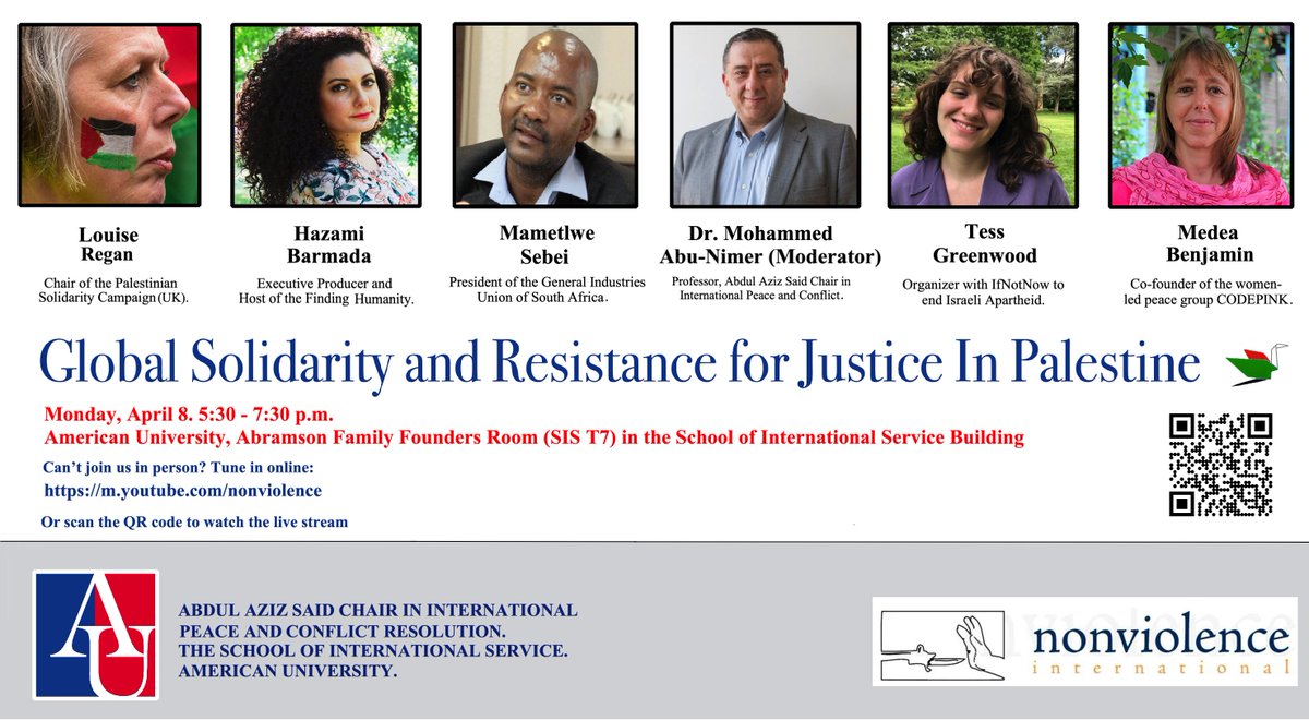 Global Solidarity and Resistance for Justice in Palestine, featuring an incredible transnational set of activists, union leaders, and scholars. Monday April 8, 530-730pm ET @AU_SIS in person and streaming live via youtube.com/watch?v=y_Y-Bt… Please spread the word~