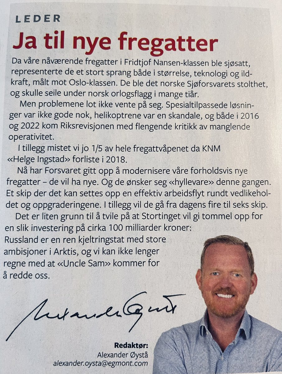 sjakhaaheim's tweet photo. Ja til hyllevarer som leveres raskt, er rimelige og virker i strid.

Nei til svindyr norsk spesialdesign, oppblåste og sendrektige prosjektgrupper og materiell som ikke virker i fred.

Bra fra @FredrikDrevon i #vimenn om nye fregatter for å sikre norsk suverenitet. https://t.co/fmw9WNbVZa