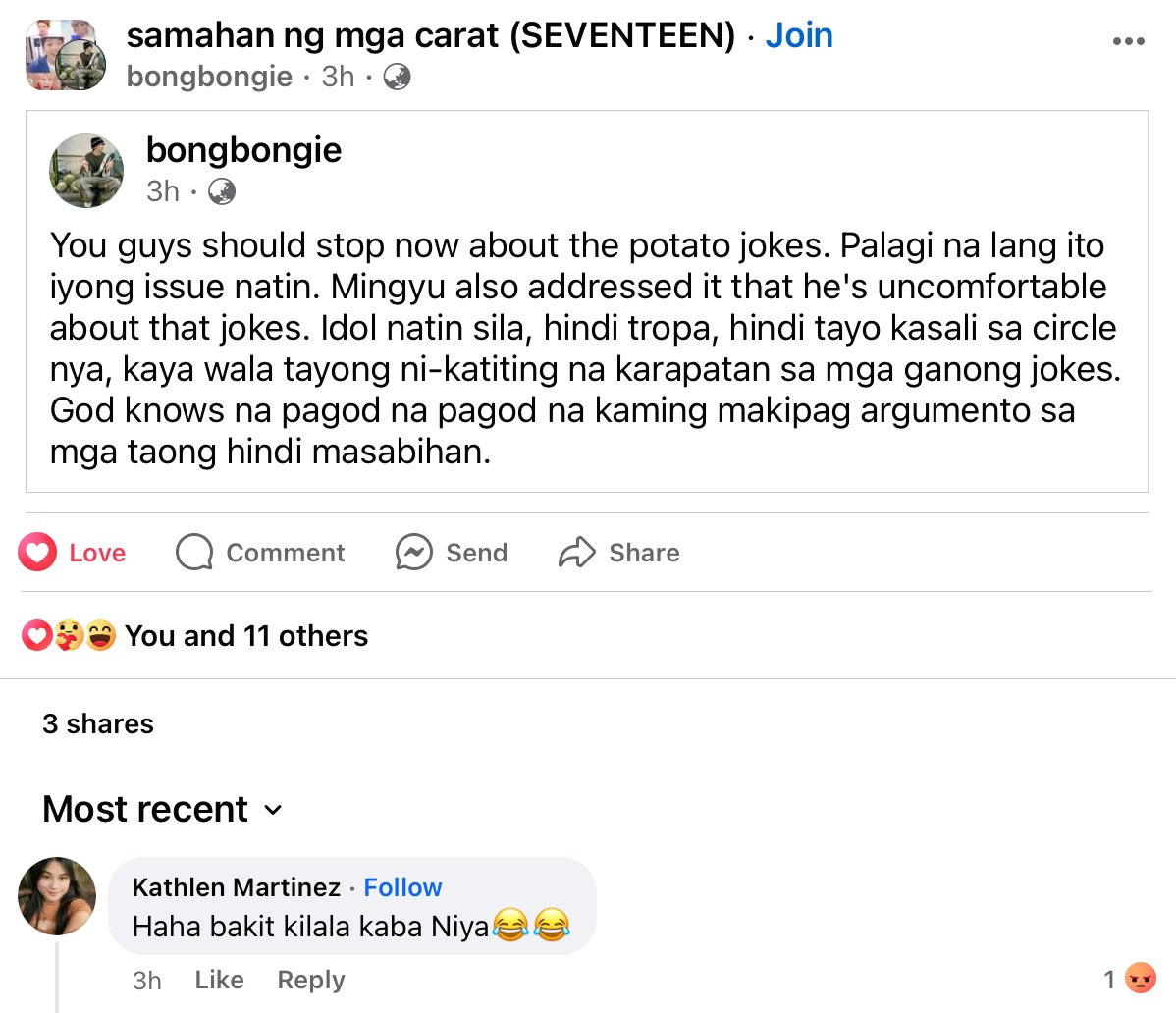 _wonnimx's tweet photo. — An exposing thread for Kathlen Martinez.

This is Kathlen, who humorously commented, "Haha bakit, kilala kaba niya😂😂," on Bobongie’s recent post on facebook about carats who persist in making potato jokes about Kim Mingyu. https://t.co/6oViNGaH70